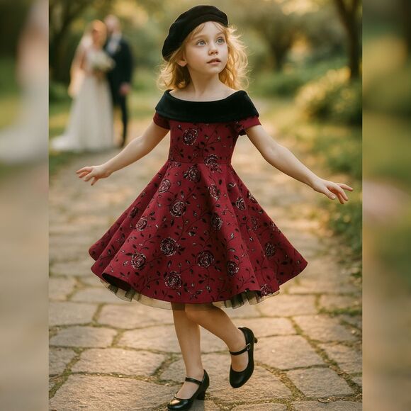 Knit Works Girls Sz 10 Burgundy Floral Fit & Flare Dress Velvet Yoke Tulle Lined - Picture 1 of 9